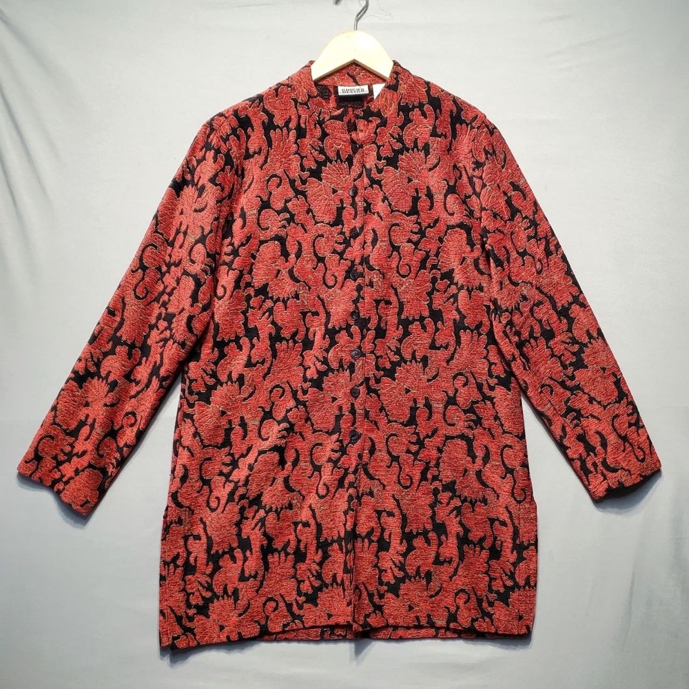Chicos Design Y2K Tapestry Jacket Womens Medium Red Black Floral Classic Brocade